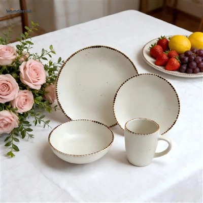 Wonderful Speckled Ceramic Dinnerware With Hand-Painted Stitched Rim Wonderful Speckled Ceramic Dinnerware With Hand-Painted Stitched Rim